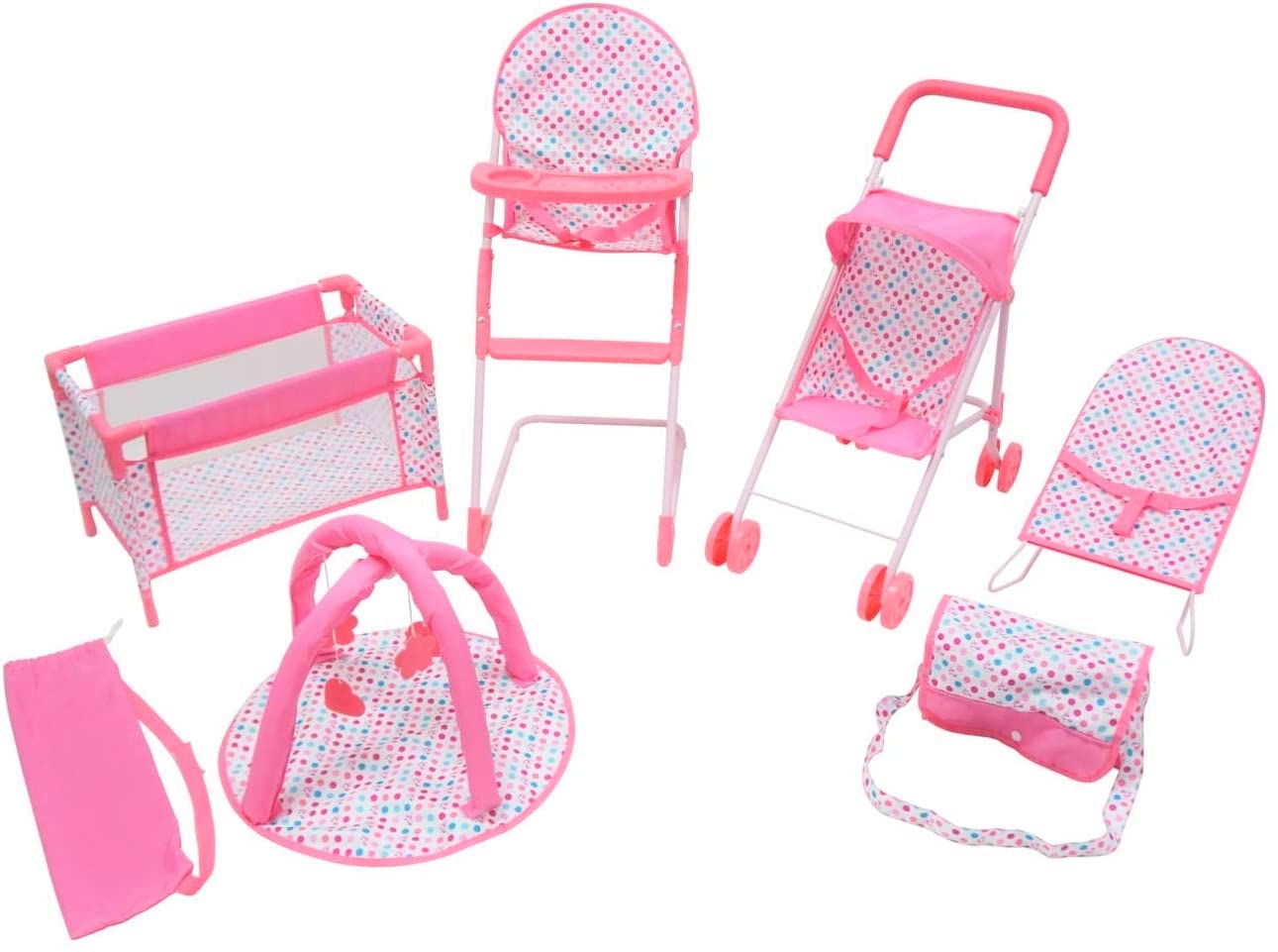 KOOKAMUNgA KIDS 6 Pc Baby Doll Stroller Set - Baby Doll Accessories - Baby Doll Playset w Doll crib Stroller High chair & Feedin