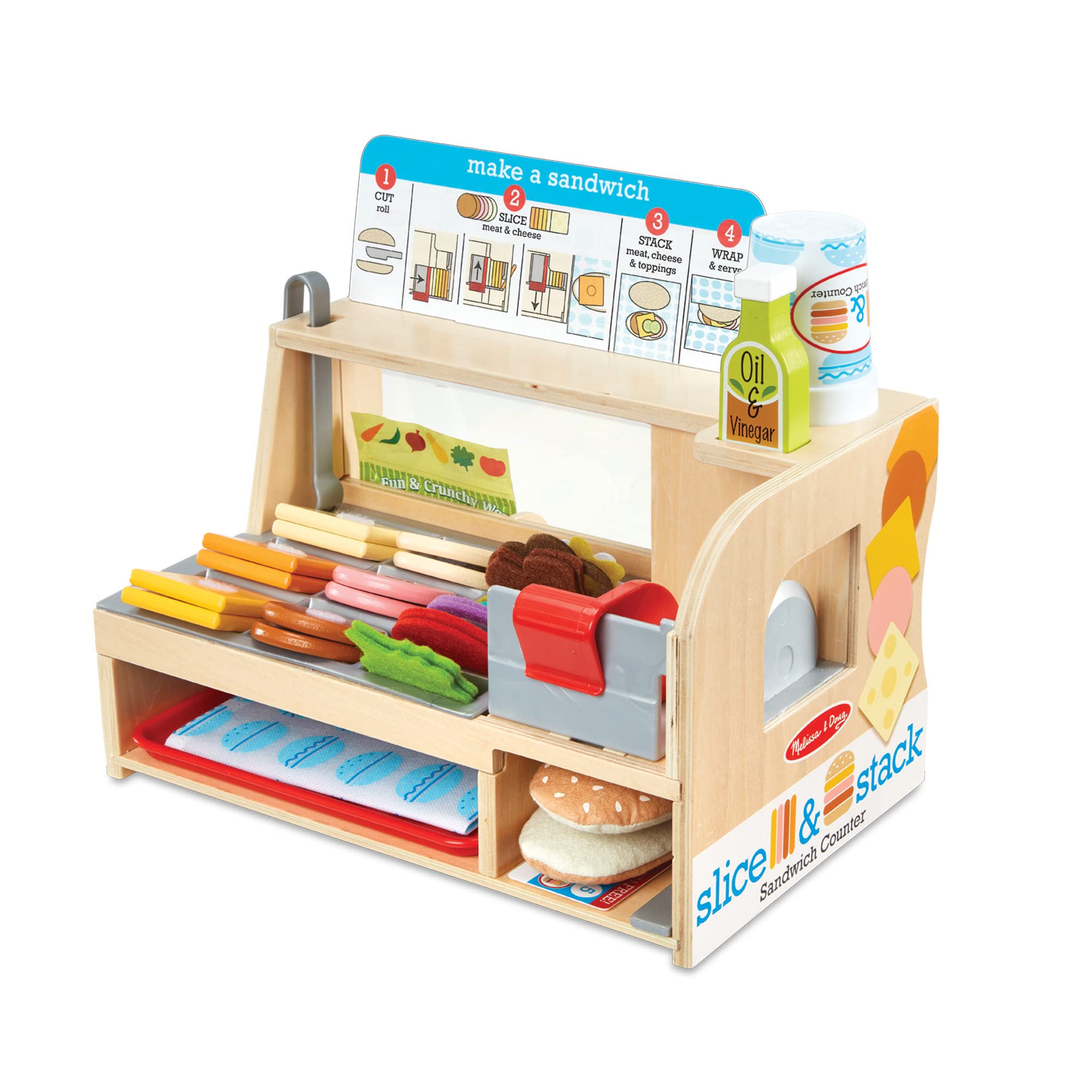 Melissa & Doug Wooden Slice & Stack Sandwich counter with Deli Slicer - 56-Piece Pretend Play Food Pieces