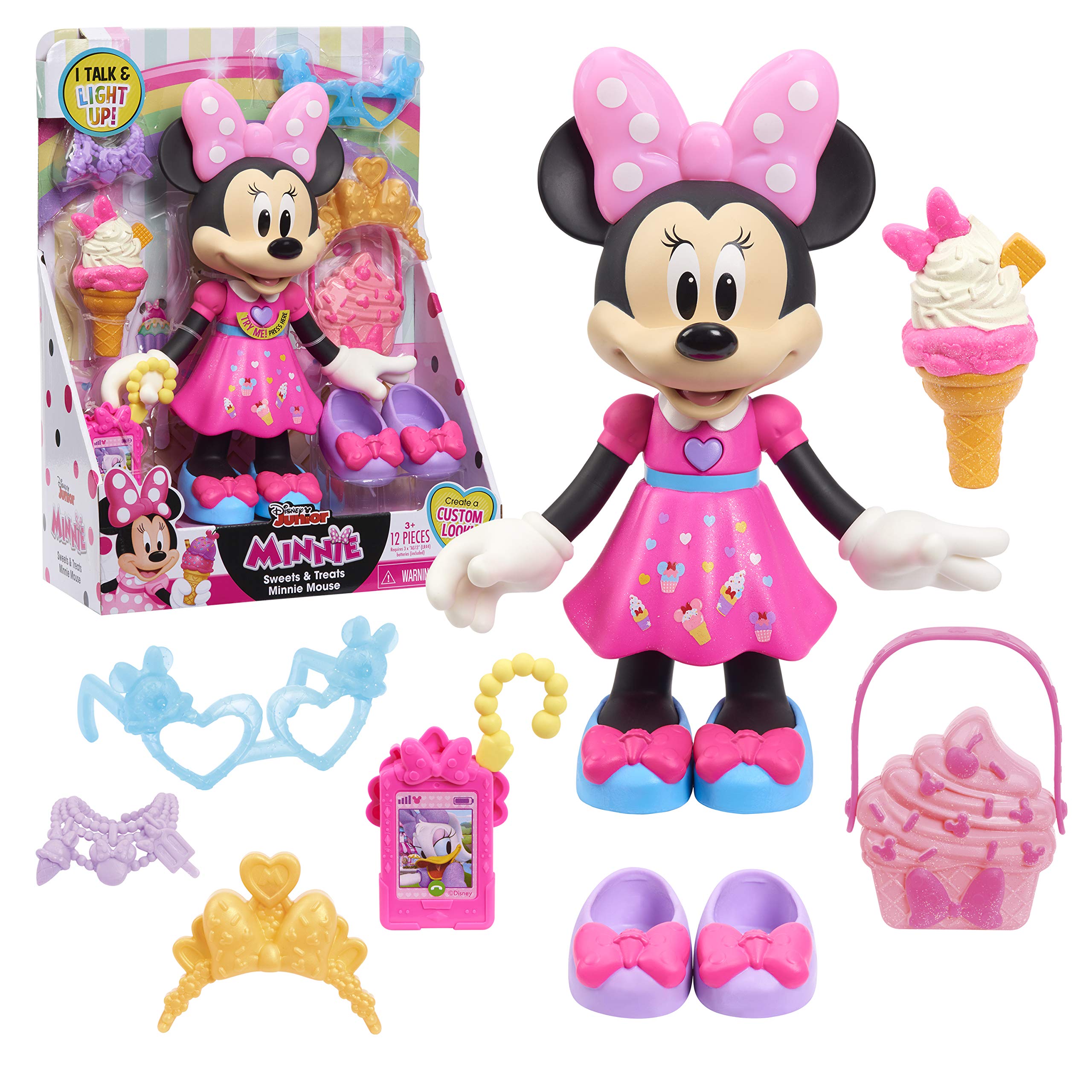 Just Play Disney Junior Sweets & Treats Minnie Mouse, Interactive 10-Inch Doll with Lights, Sounds, and Accessories, by Just Play