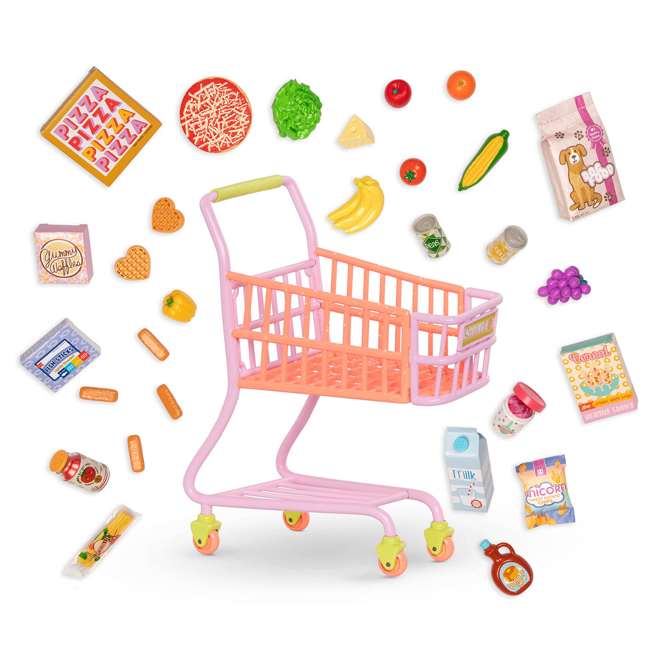 glitter girls - Shopping cart Playset - Pink & Purple Rolling grocery cart - Play Food Pizza, Ice cream, and Fruit - 14A Doll Ac