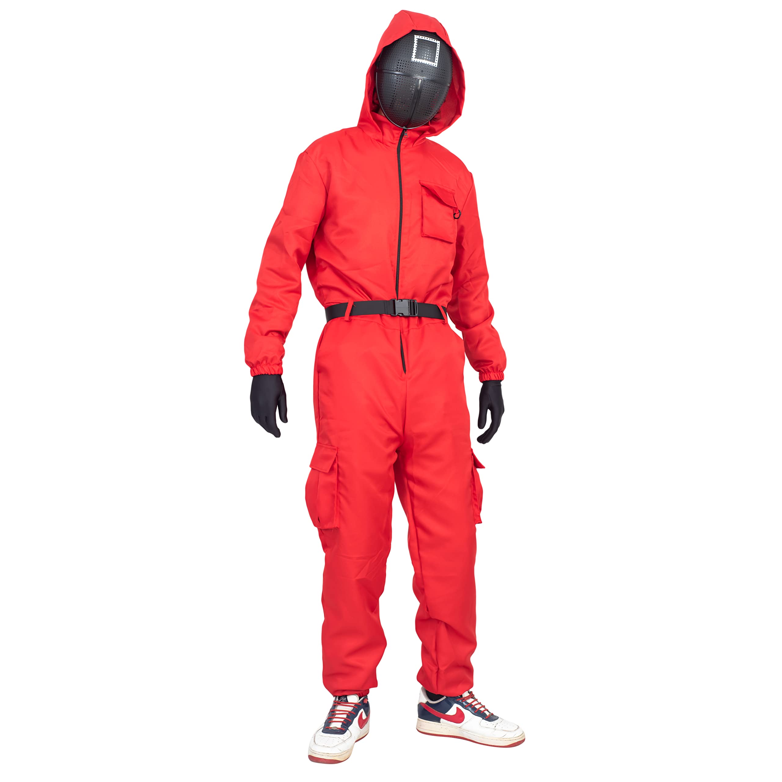 Costume Agent Squid costume Red Jumpsuit with Mask Belt and gloves Halloween cosplay