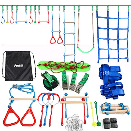 Perantlb Ninja Warrior Obstacle Course for Kids - Ninja Slackline 52 with 11 Accessories for Kids, Includes Swing, Obstacle Net ,Rope Lad