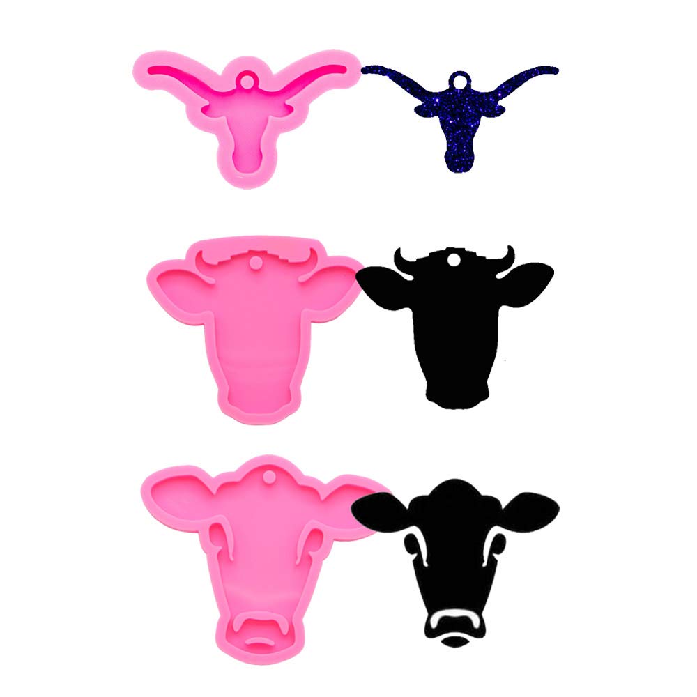 Seedomes 3pcs glossy Shiny cute Lovely Bull cow cattle Animal Head Keychain with Hole Silicone Mold for DIY Fondant Mold Trinket gum cand