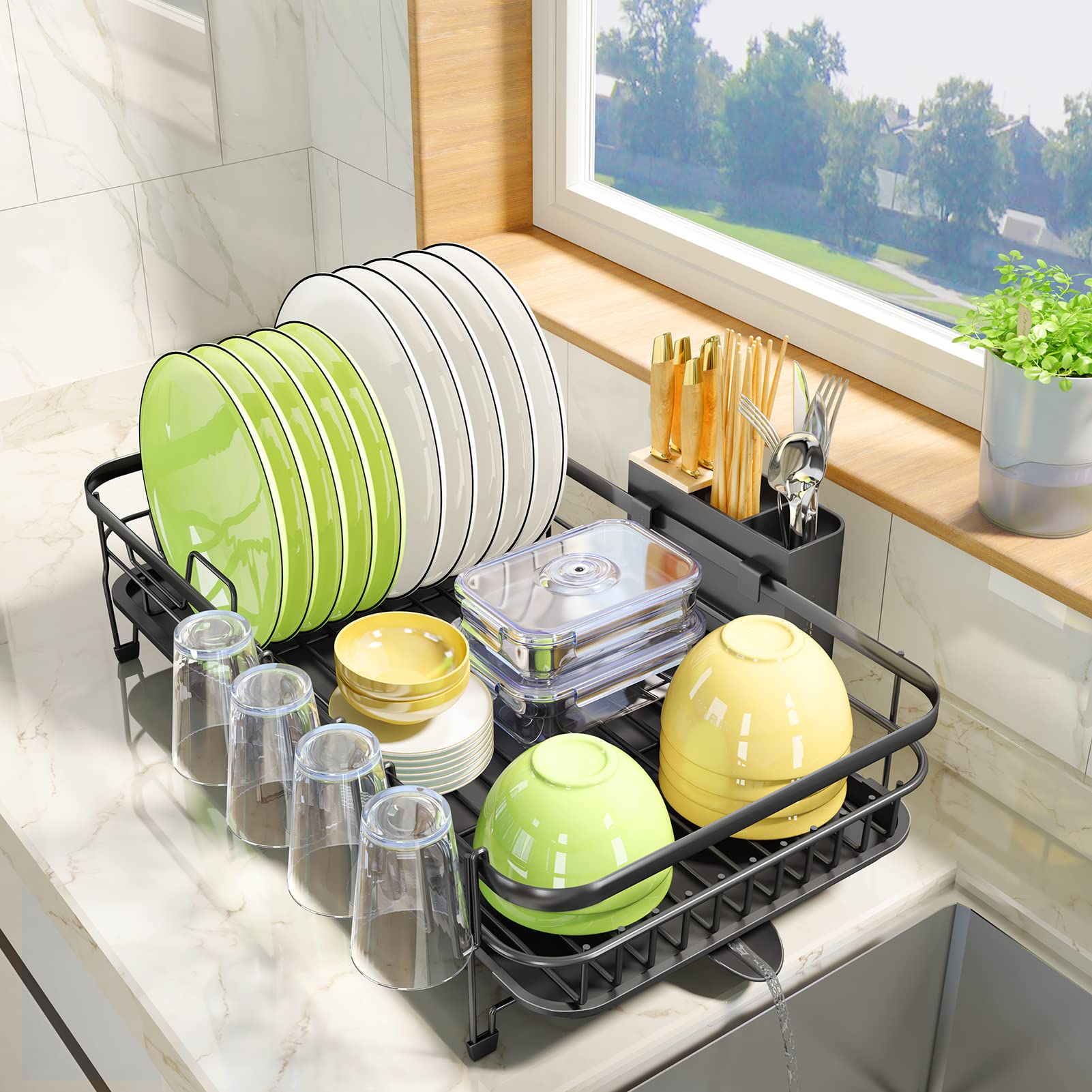 PXRAcK Dish Drying Rack, Expandable(128-215) Dish Rack with Utensil Holder  cup Holder, Stainless Steel Dish Rack and Drainboard