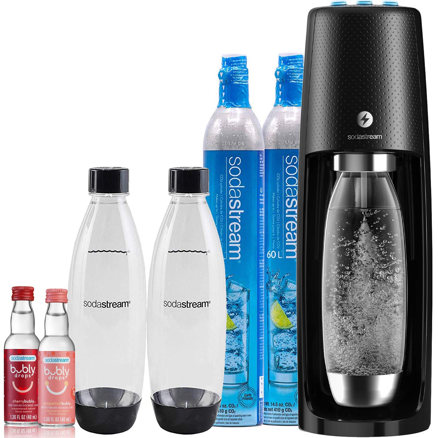 SodaStream Fizzi One Touch Sparkling Water Maker Bundle (Black) with cO2, BPA Free Bottles, and Bubly Drops Flavors
