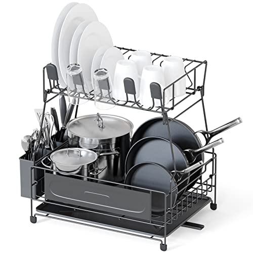New England Stories 2 in 1 Kitchen Dish Drying Rack, 2-Tier Dish Rack for Kitchen Counter with Drainboard, Stainless Steel Large Capacity Dishrack, Multifunctional