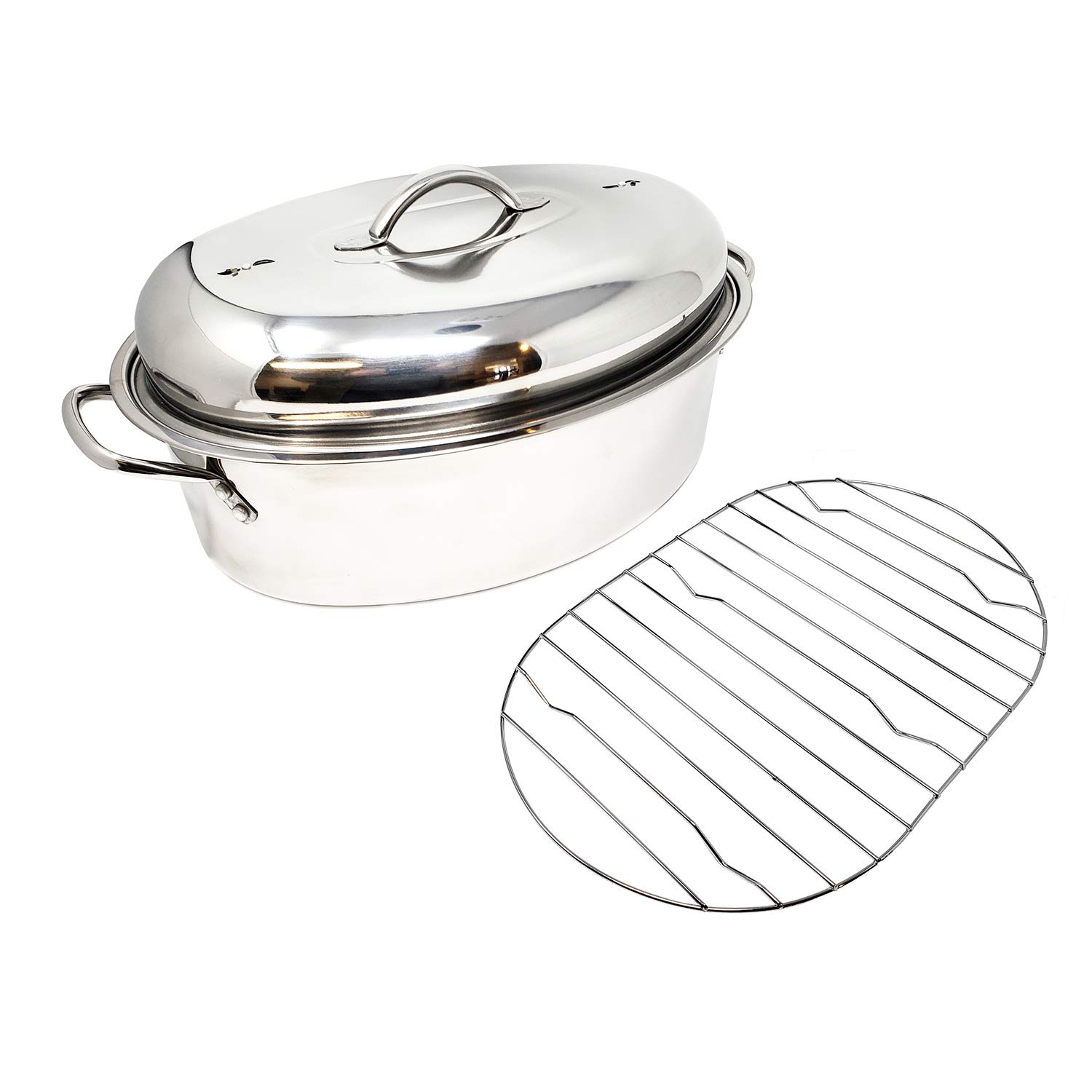 lavo home Stainless Steel Oval Lidded Roaster Pan Extra Large & Lightweight With Lid & Wire Rack Multi-Purpose Oven cookware High Dome M