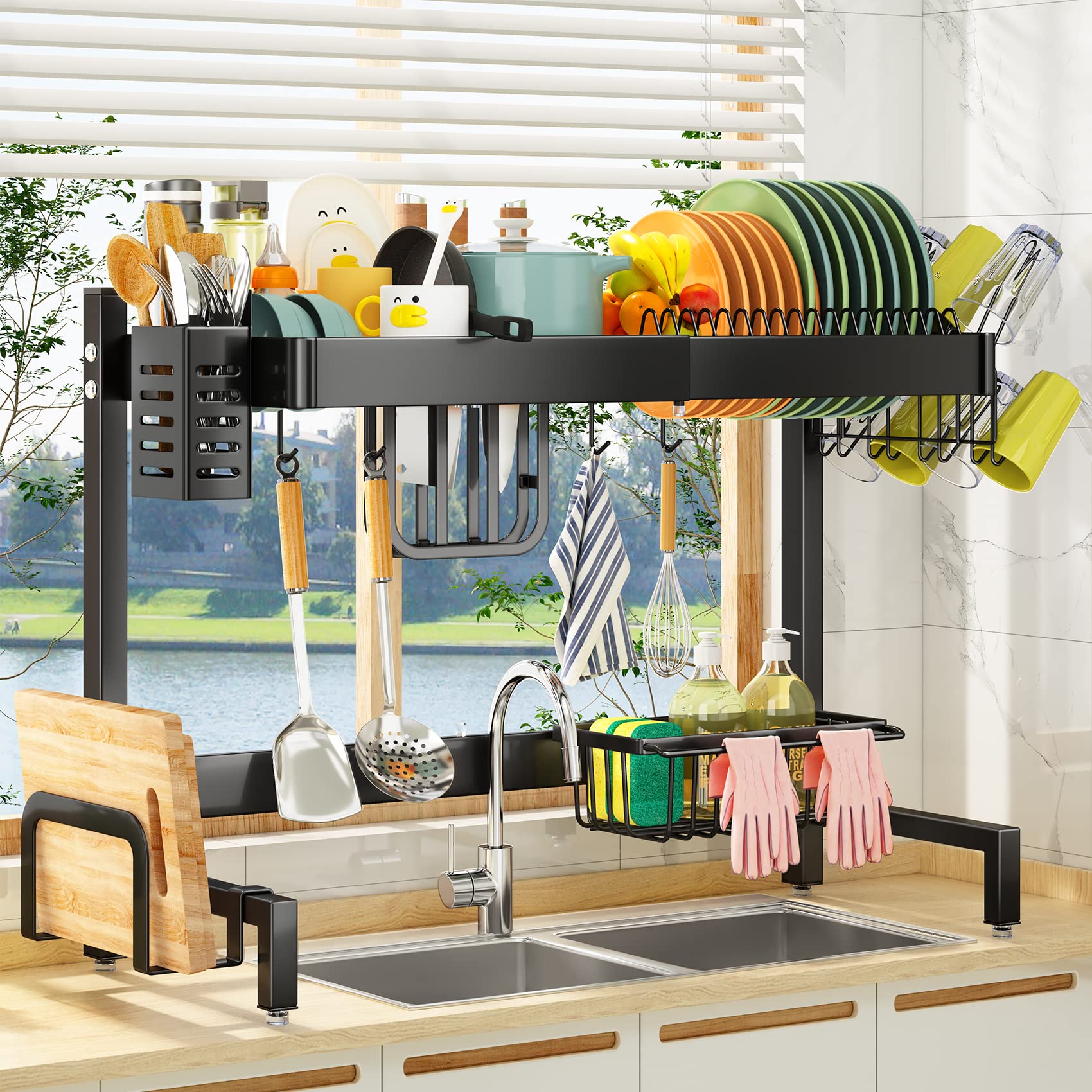 SAYZH Dish Drying Rack, Over The Sink Dish Drying Rack Adjustable ( from 199 to 34 inches), 2 Tier Dish Rack with Utensil cup Holder S