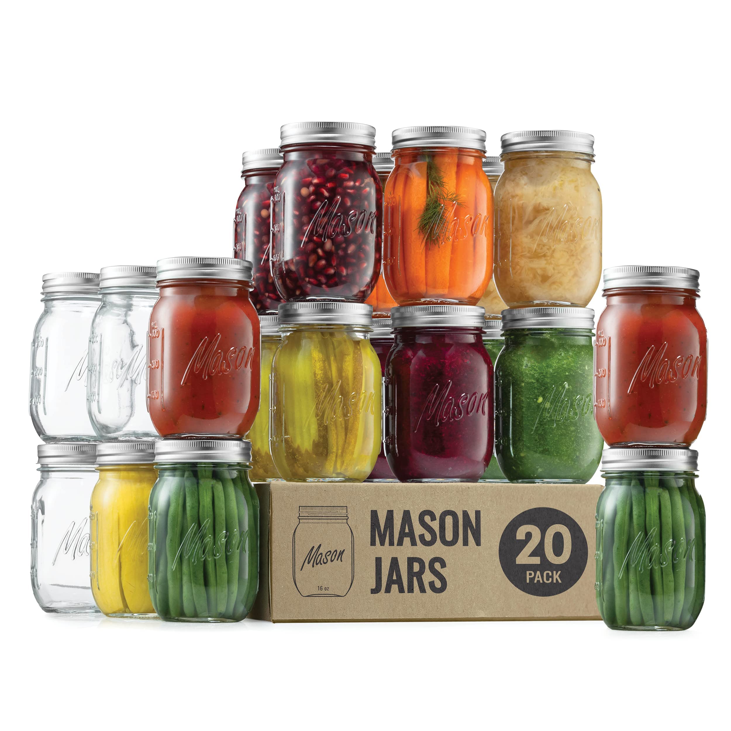 Paksh Novelty Mason Jars 16 oz - 20-Pack Regular Mouth glass Jars with Lid & Seal Bands - Airtight container for Pickling, canni