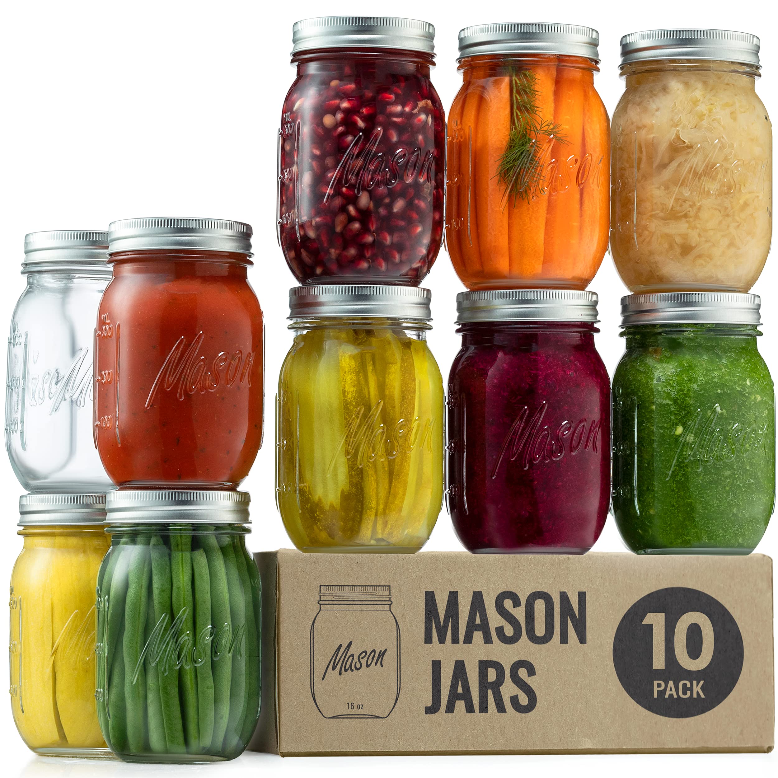 Paksh Novelty Mason Jars 16 oz - 10-Pack Regular Mouth glass Jars with Lid & Seal Bands - Airtight container for Pickling, canni