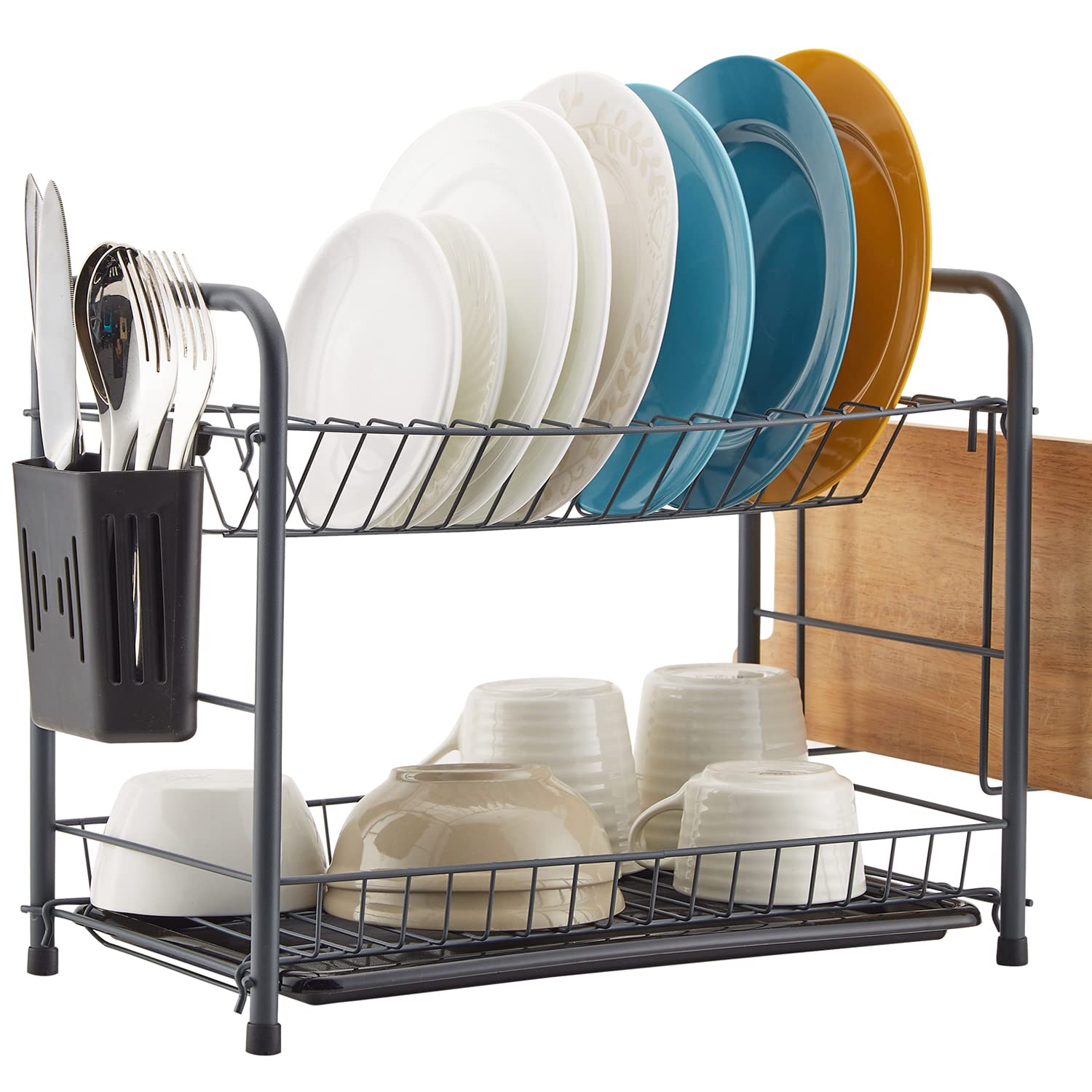 Naturous Dish Rack, 2 Tier Dish Drying Rack Kitchen Organizer with Drain  Board, Utensil Holder, cutting Board Holder, gray