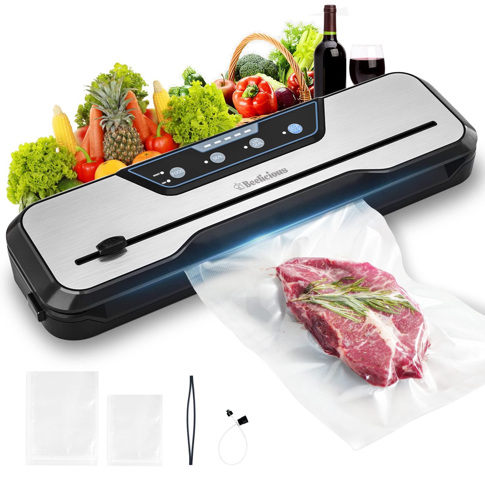 Beelicious Vacuum Sealer Machine with Starter Kit, Beelicious 8-In-1 Powerful Food Vacuum Sealer, with Pulse Function, Moist&Dry Mode and E