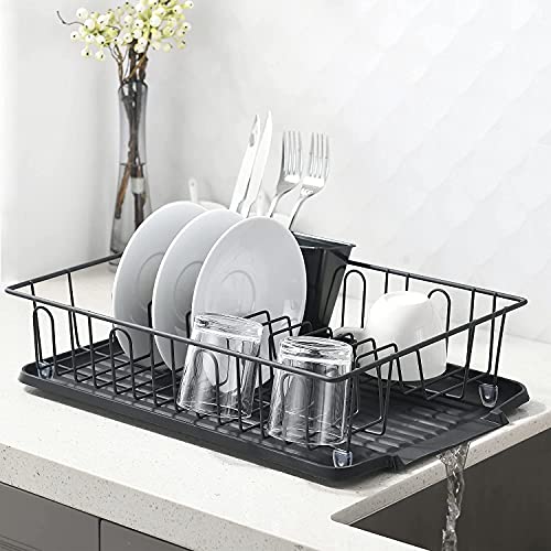 Popity home Dish Drying Rack,Black Dish Rack with Utensil Holder and  Drainboard, 3piece Sturdy Kitchen Sink Side Kitchen counter