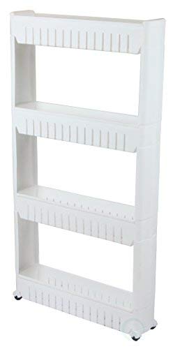 Basicwise Slim Storage cabinet Organizer 4 Shelf Rolling Pull Out cart Rack Tower with Wheels, White