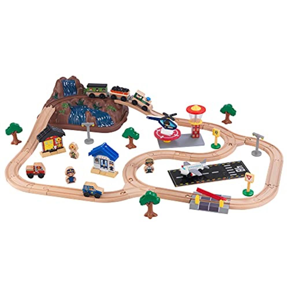 KidKraft Bucket Top Mountain Train Set with 61 Pieces, Magnetic Train, Wooden Tracks and Storage, Gift for Ages 3+