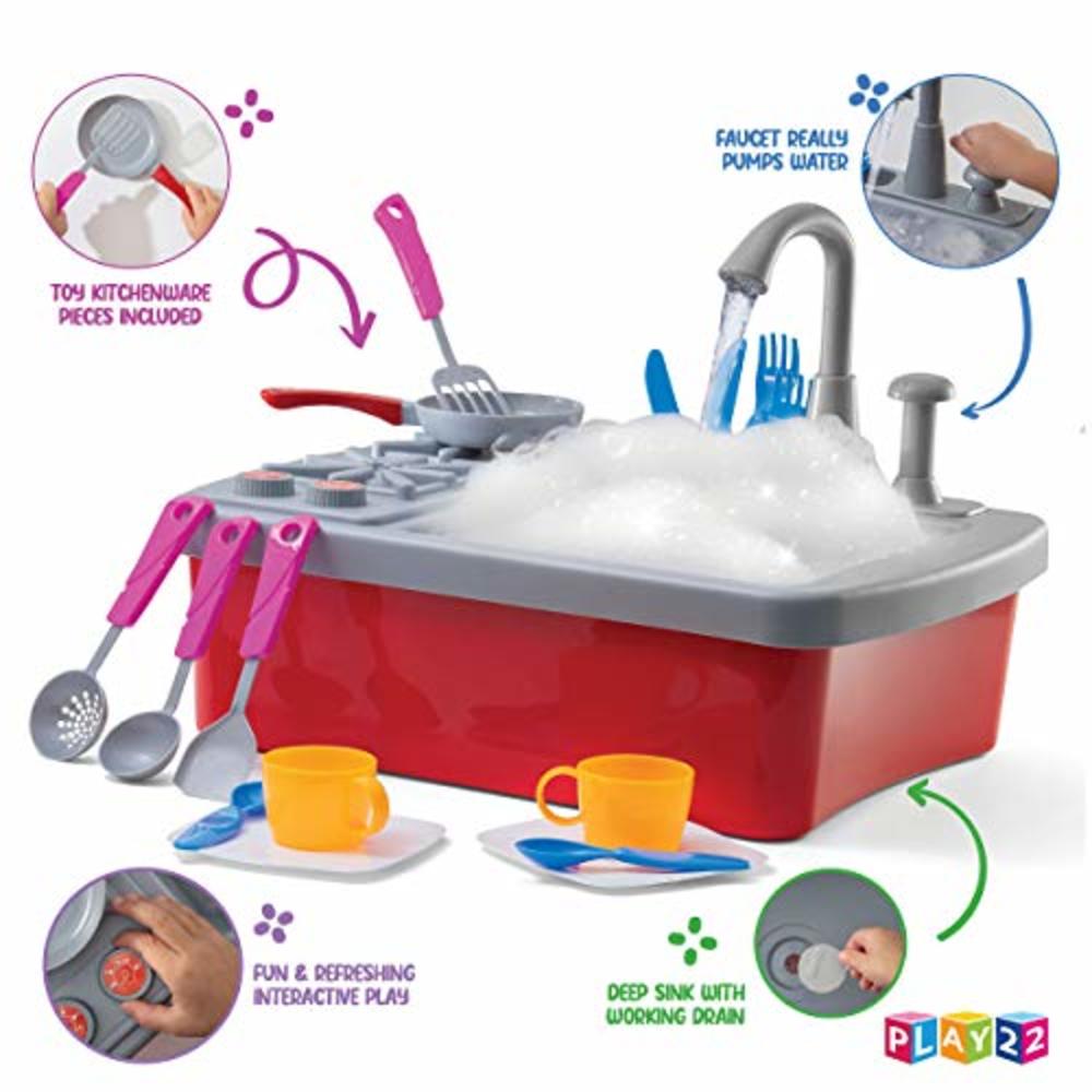 Play22 Kitchen Sink Toy 17 Set - Play Sink Play House Pretend Toy Kitchen Sink with Running Water - Kids Toy Sink with Real Fauc