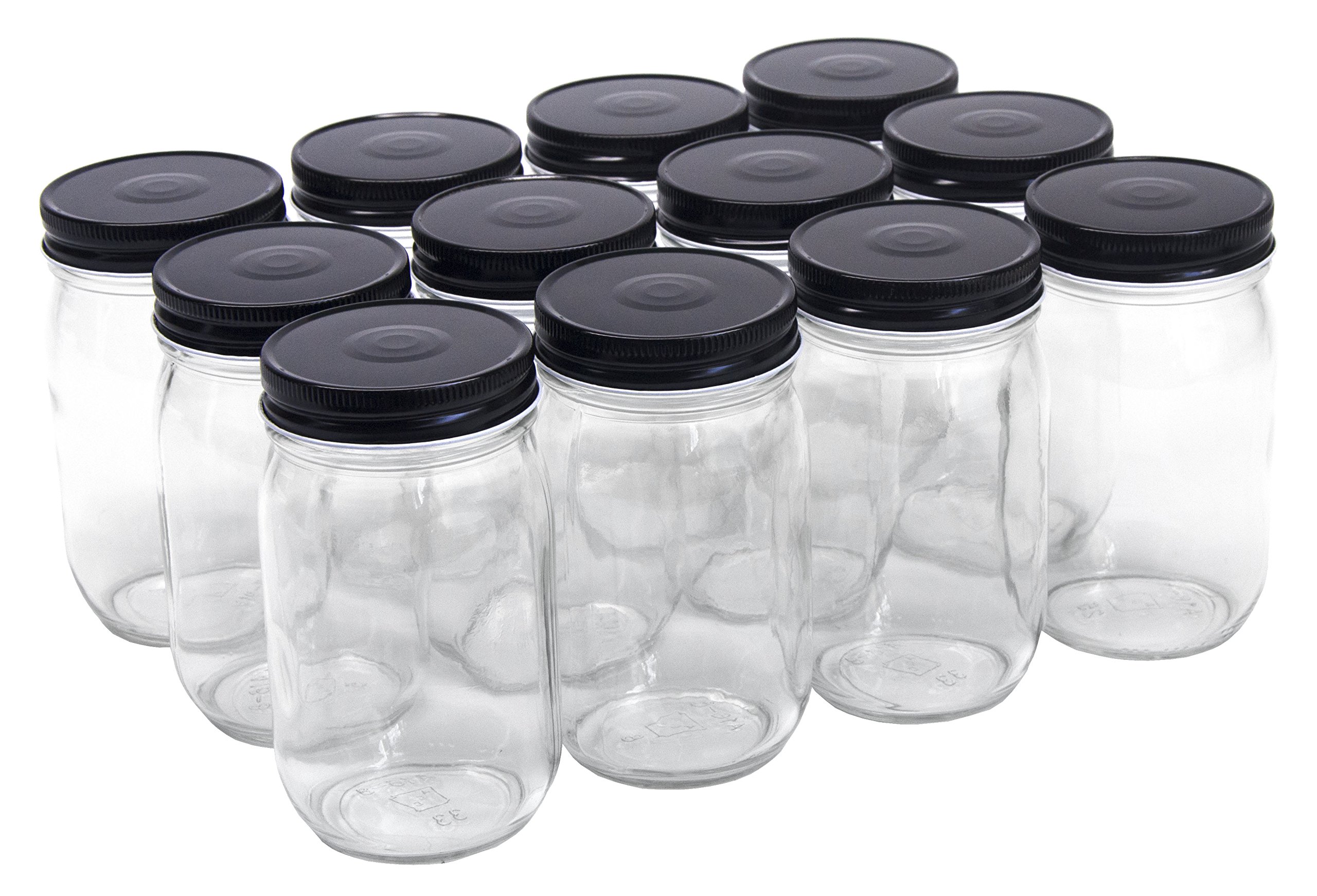 North Mountain Supply 16oz-RM-BK 16 Ounce glass Regular Mouth Mason canning Jars - With Safety Button Lids - case of 12 (Black M
