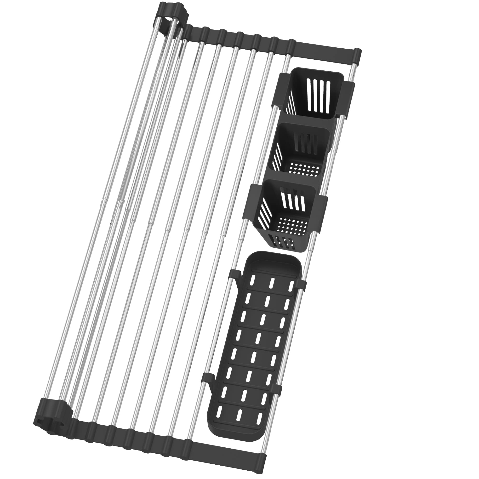 BBXTYLY Black Expandable Roll Up Dish Drying Rack Up to 228with 2 Storage Baskets,Over The Sink Kitchen Rolling up Dish Drainer Dish Dry