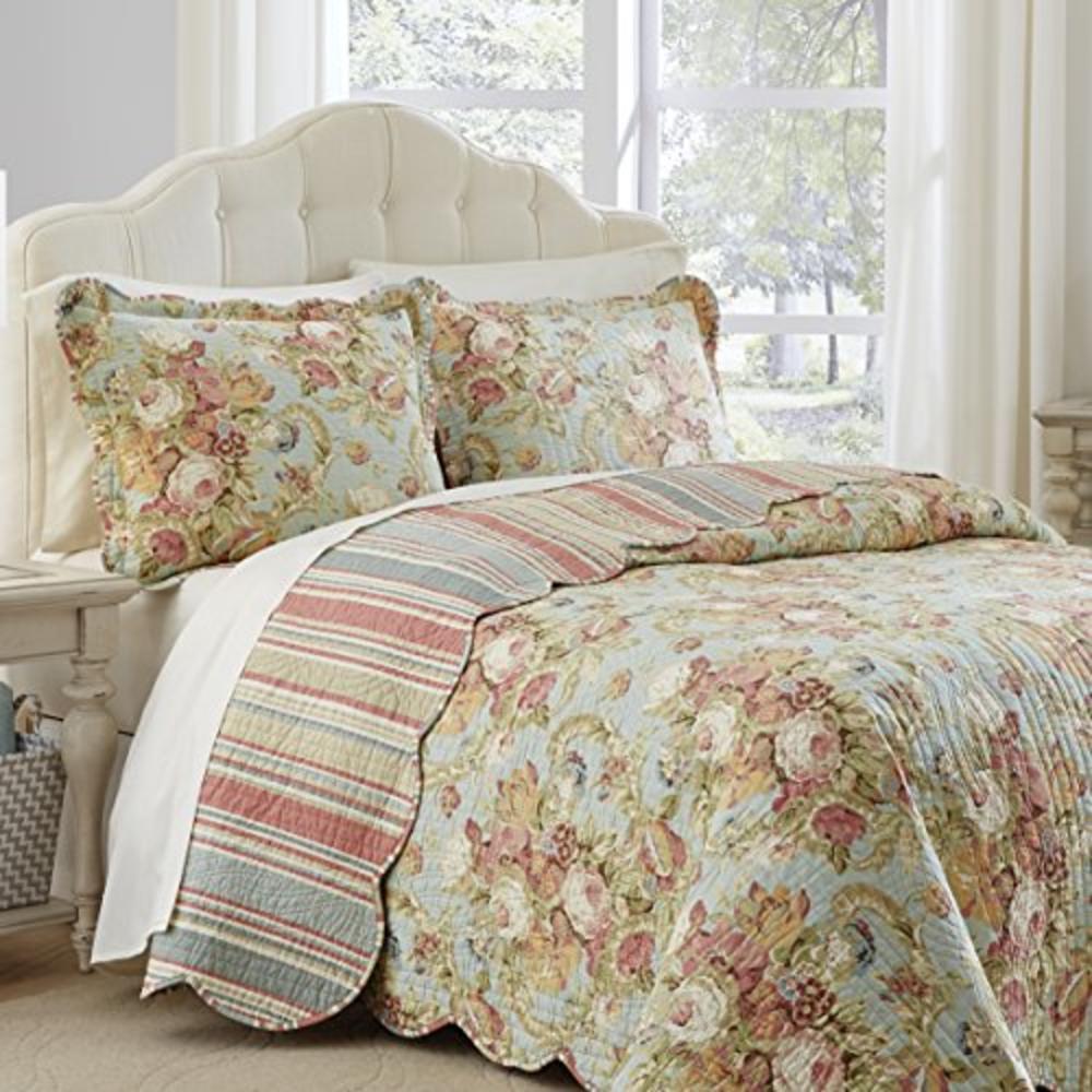 WAVERLY Spring Bling Modern Farmhouse Floral 3-Piece Reversible Bed Spread Set, Queen, Vapor