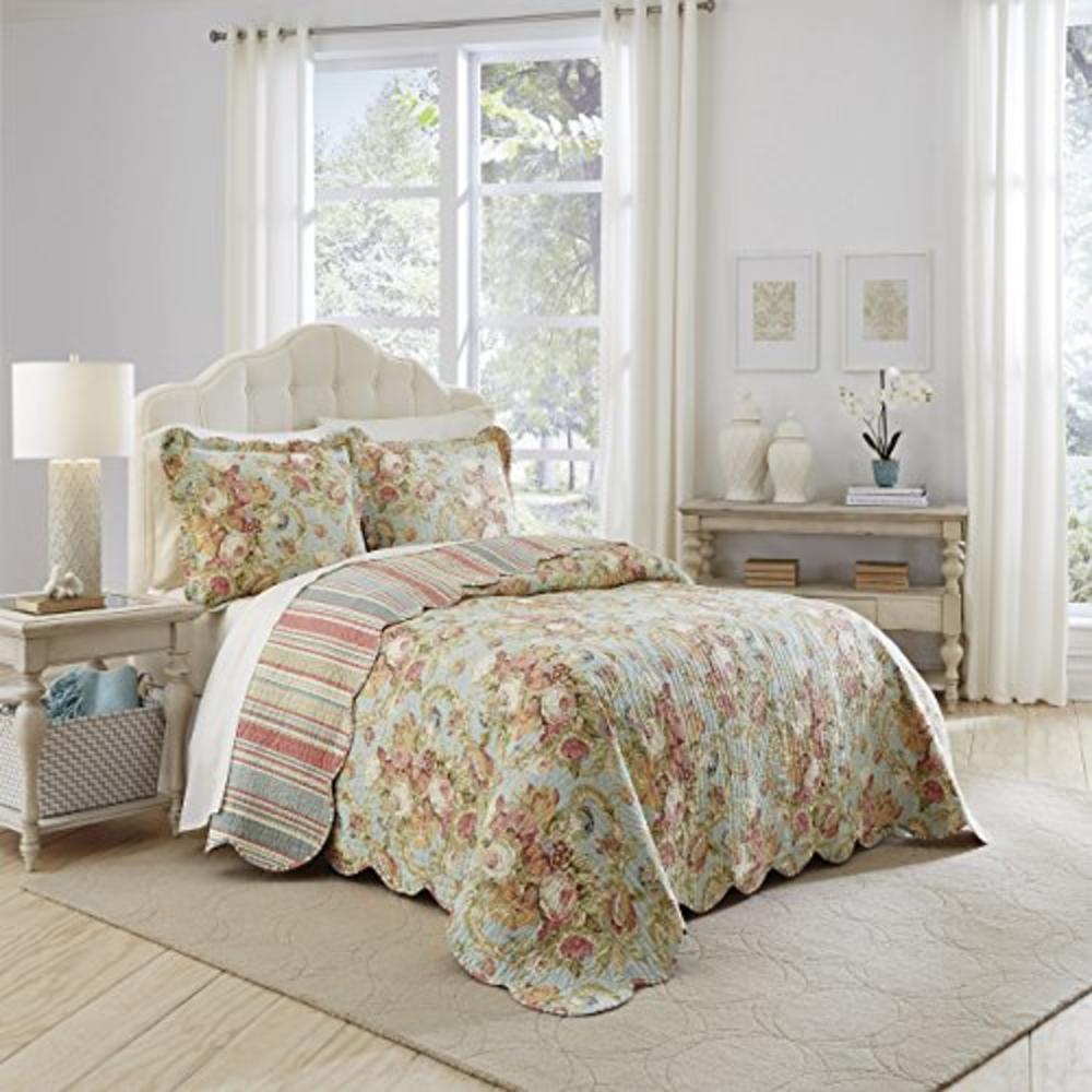 WAVERLY Spring Bling Modern Farmhouse Floral 3-Piece Reversible Bed Spread Set, Queen, Vapor