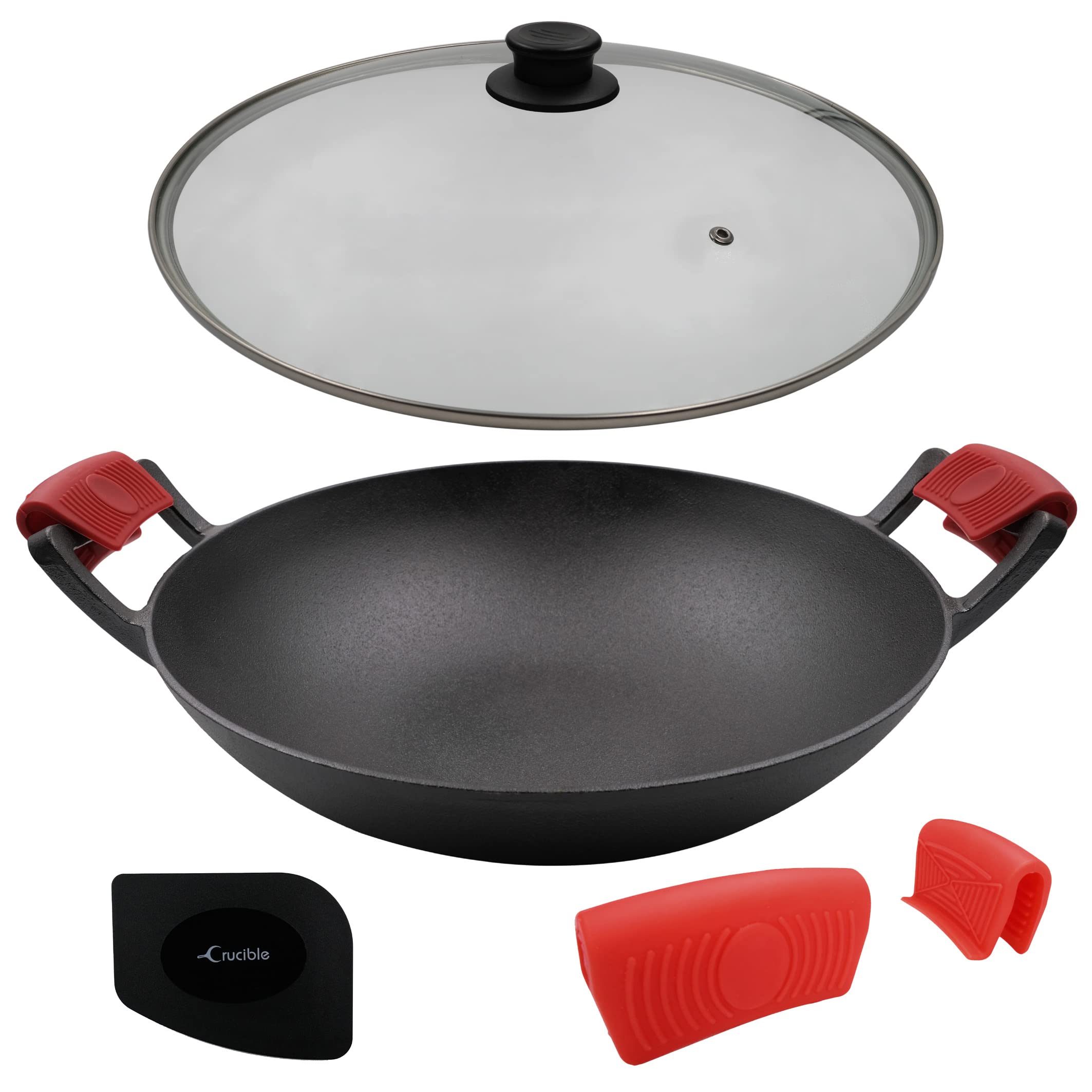Crucible cookware 14-Inch cast Iron Wok Set (Pre-Seasoned), glass Lid & Silicone Hot Handle Holders
