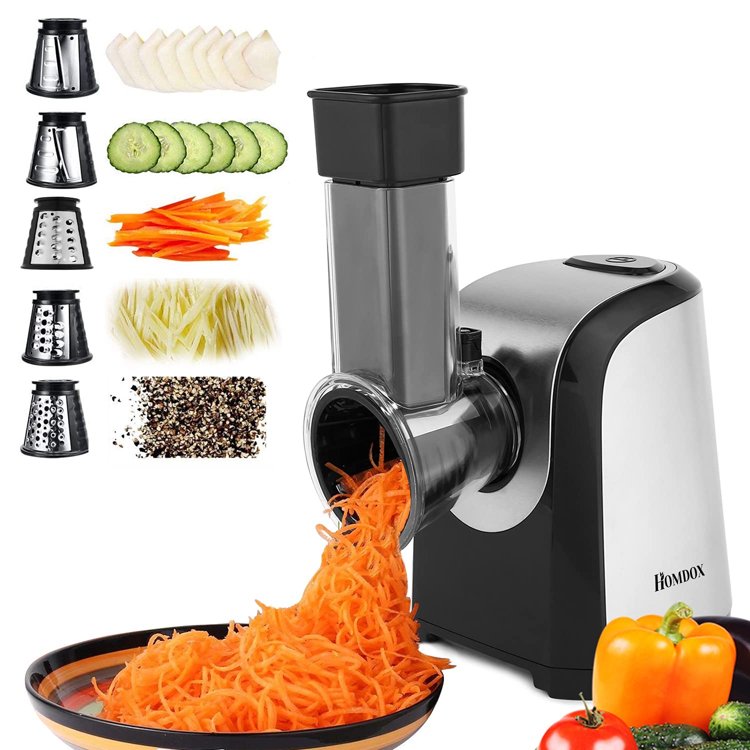 Homdox Electric cheese grater 5 in 1 Salad Shooter Electric SlicerShredder 150W Professional One-Touch control Salad Maker for cheese,