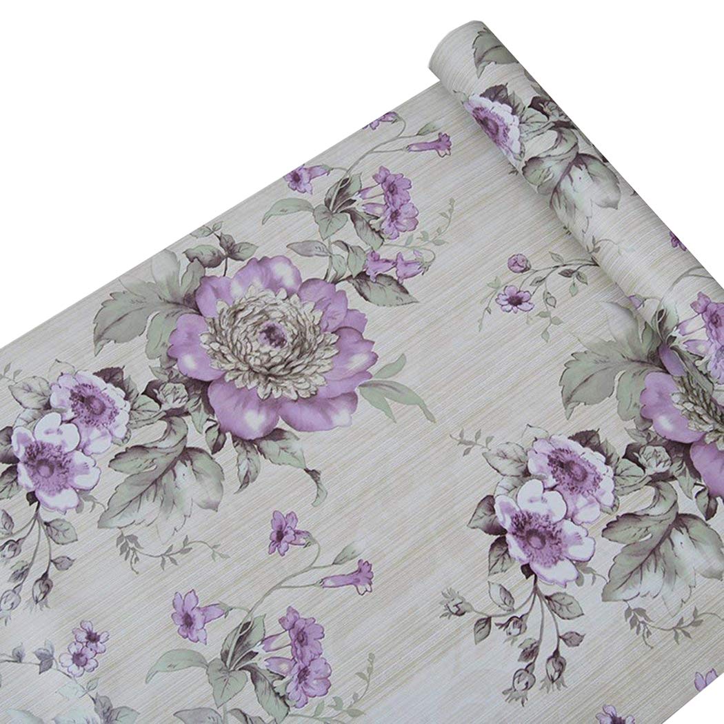 Glow4u Peel and Stick Decorative Purple Peony Floral Shelf Liner Paper for Kitchen Cabinets Dresser Refrigerator Counter Pantry
