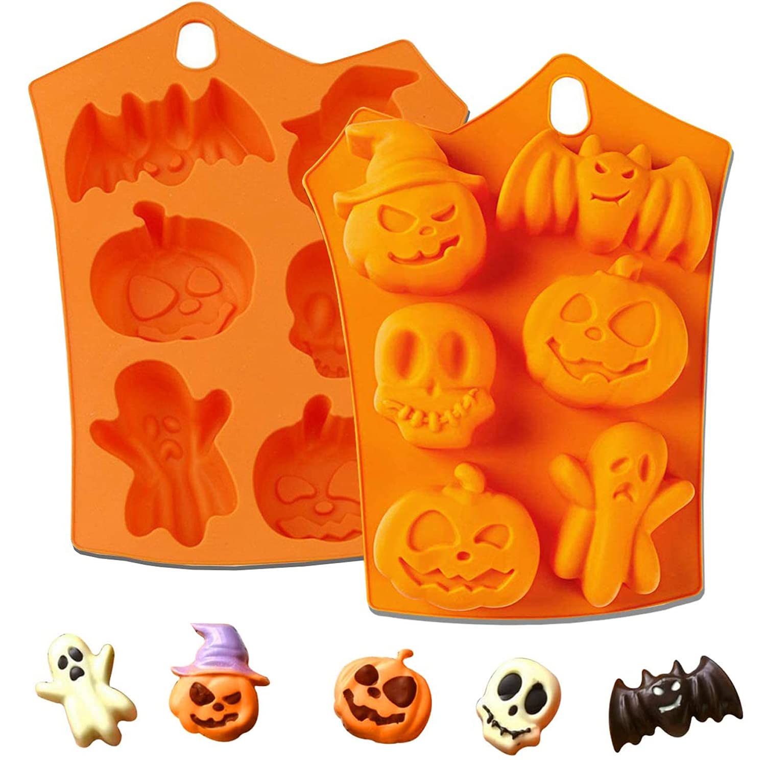OMDBAGD 2Pcs Halloween Silicone cake Mold,Pumpkin Bat Skull ghost Shape Silicone candy chocolate Molds for DIY cookies Soap candy gummy 