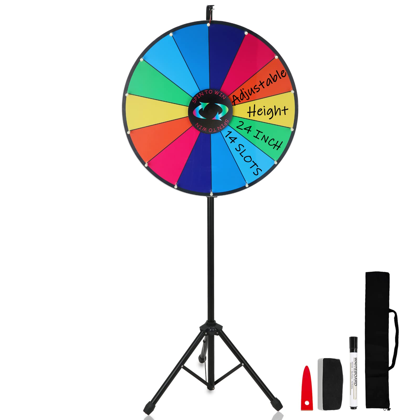 Hooomyai 24 Inch Prize Wheel with Folding Tripod Floor Stand Height Adjustable 14 Slots color Dry Erase Spin Wheel Spinner game