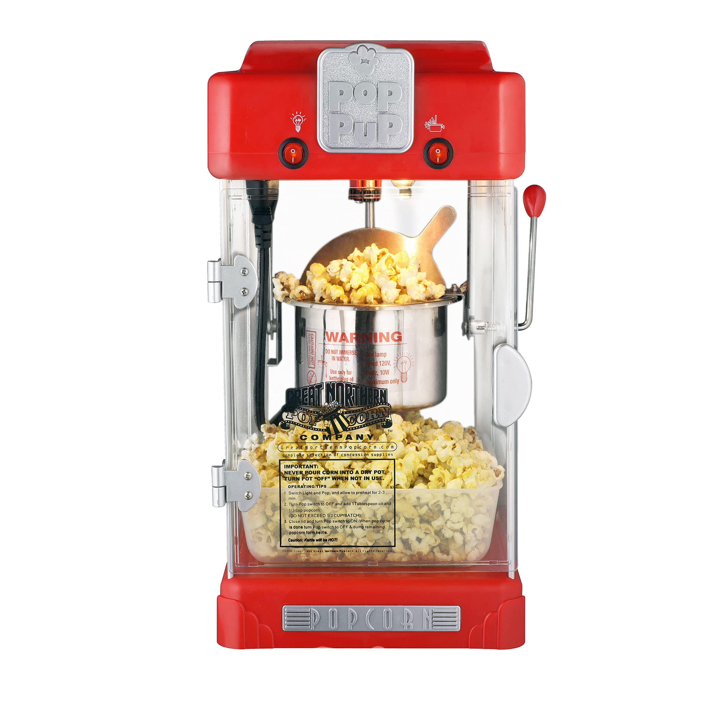 Great Northern Popco Pop Pup countertop Popcorn Machine - Tabletop Popper Makes 1 gallon - 25-Ounce Kettle, catch Tray Warming Light & Scoop by great