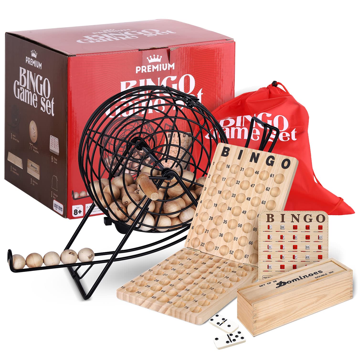 Lolo Toys Professional Deluxe Bingo game Set - Bundle with Dominoes Set - Bingo cage, Balls, cards, Storage Bag for Kids, Adults, Family g