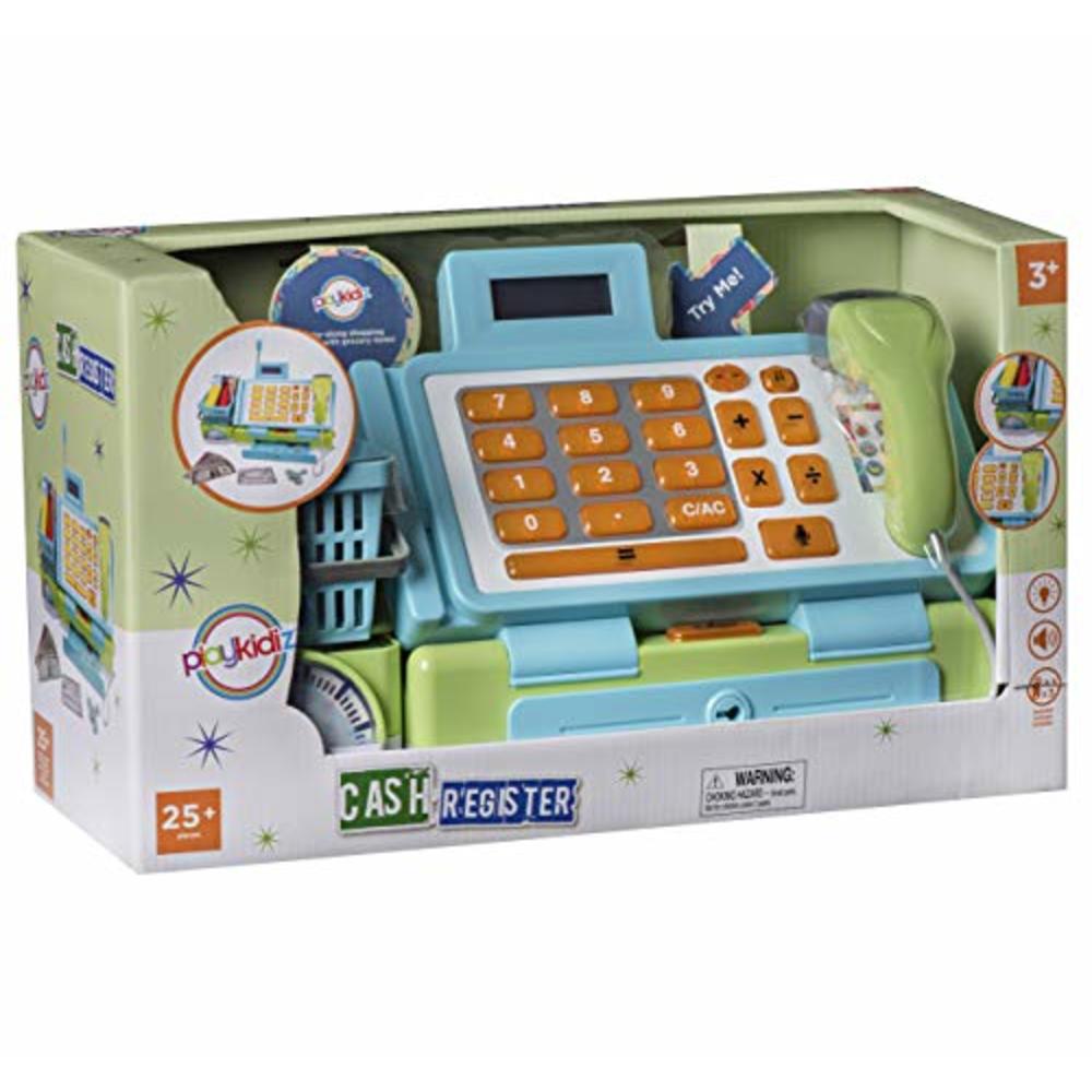 Playkidz Interactive Toy Cash Register for Kids - Sounds & Early Learning Play Includes Play Money Handheld Real Scanner Working