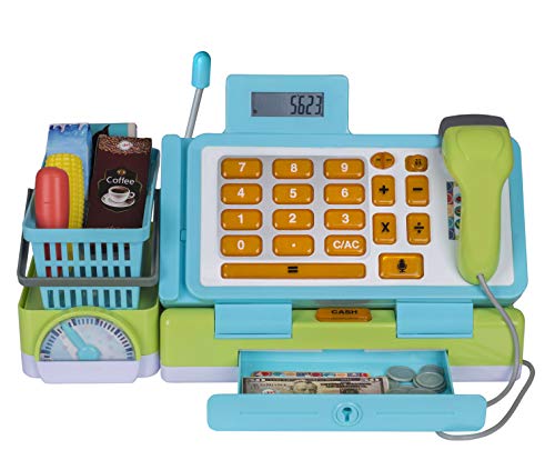 Playkidz Interactive Toy Cash Register for Kids - Sounds & Early Learning Play Includes Play Money Handheld Real Scanner Working