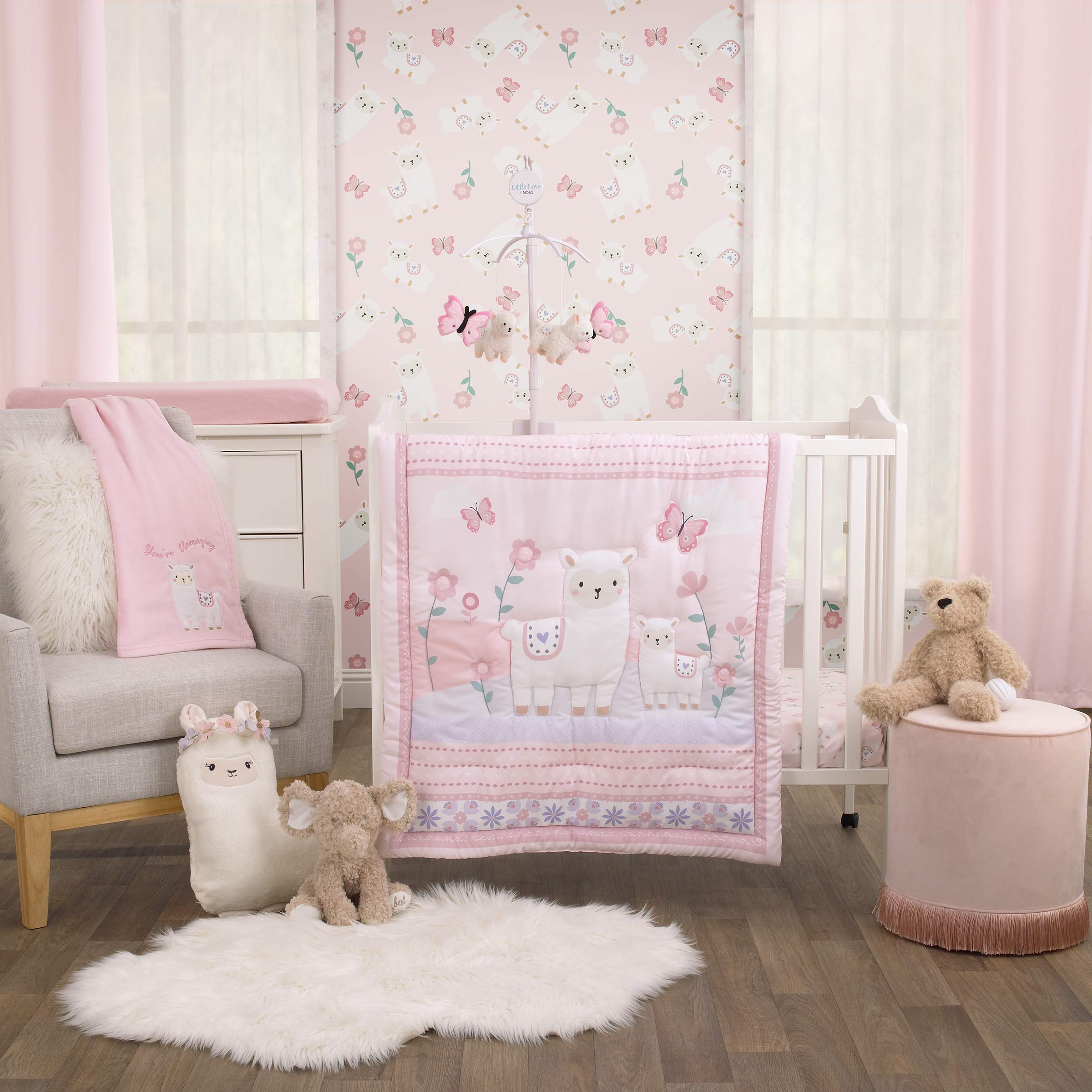 NoJo Little Love by NoJo Sweet Llama & Butterflies Floral Pink & Purple 3Piece Mini crib Bedding Set - comforter & 2 Mini crib Sheets