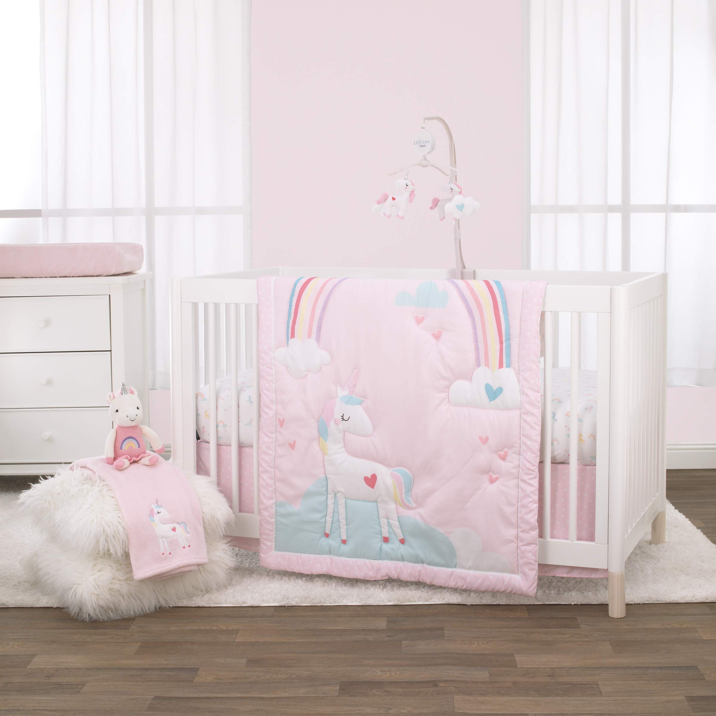 NoJo Little Love by NoJo Rainbow Unicorn Pink, Aqua, Yellow & White 3 Piece crib Bedding Set - comforter, Fitted crib Sheet, Dust Ruf