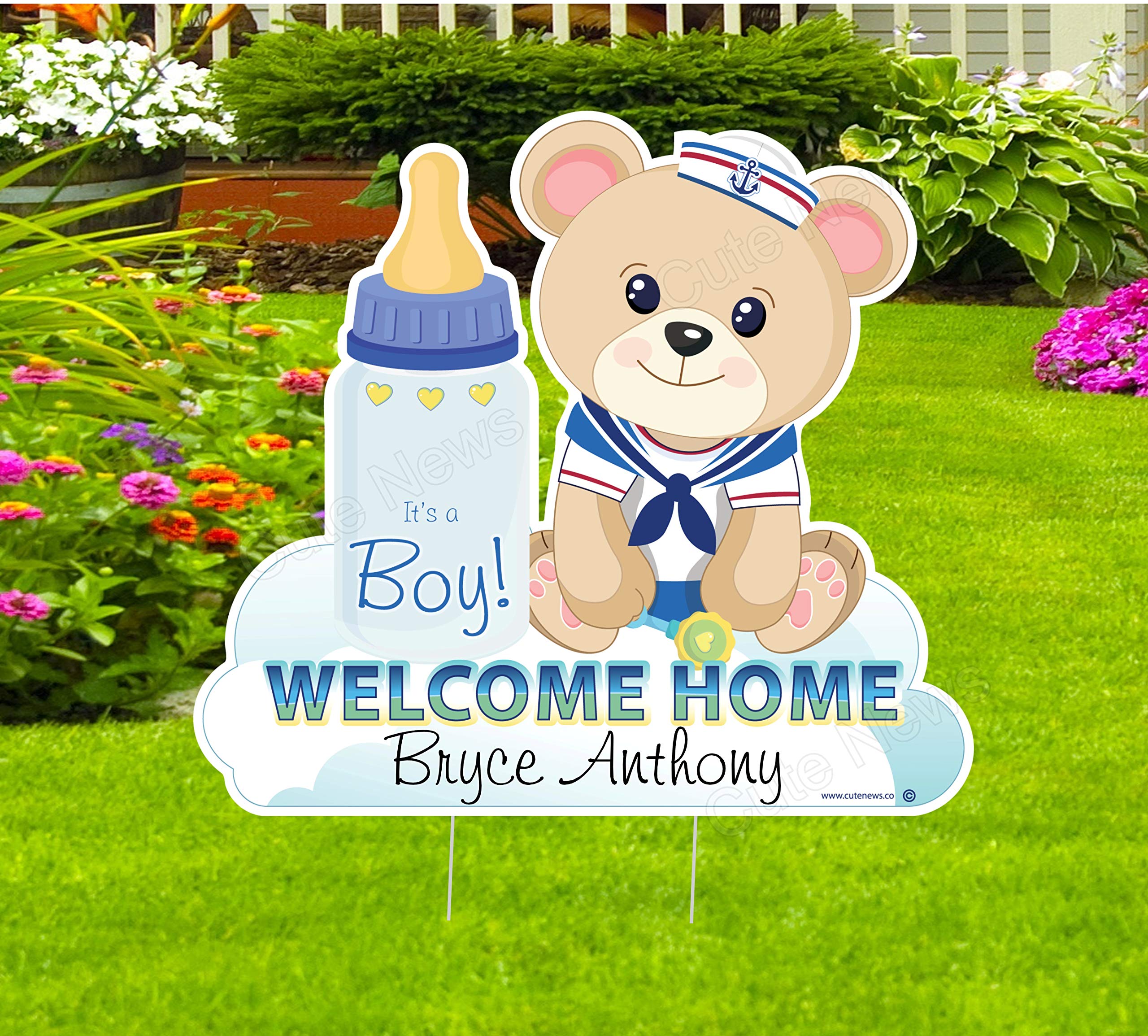 cute News Welcome Home Its a Boy Teddy Bear Yard Sign, custom Name Baby Lawn Decoration, Personalized Birth Announcement, Newbor