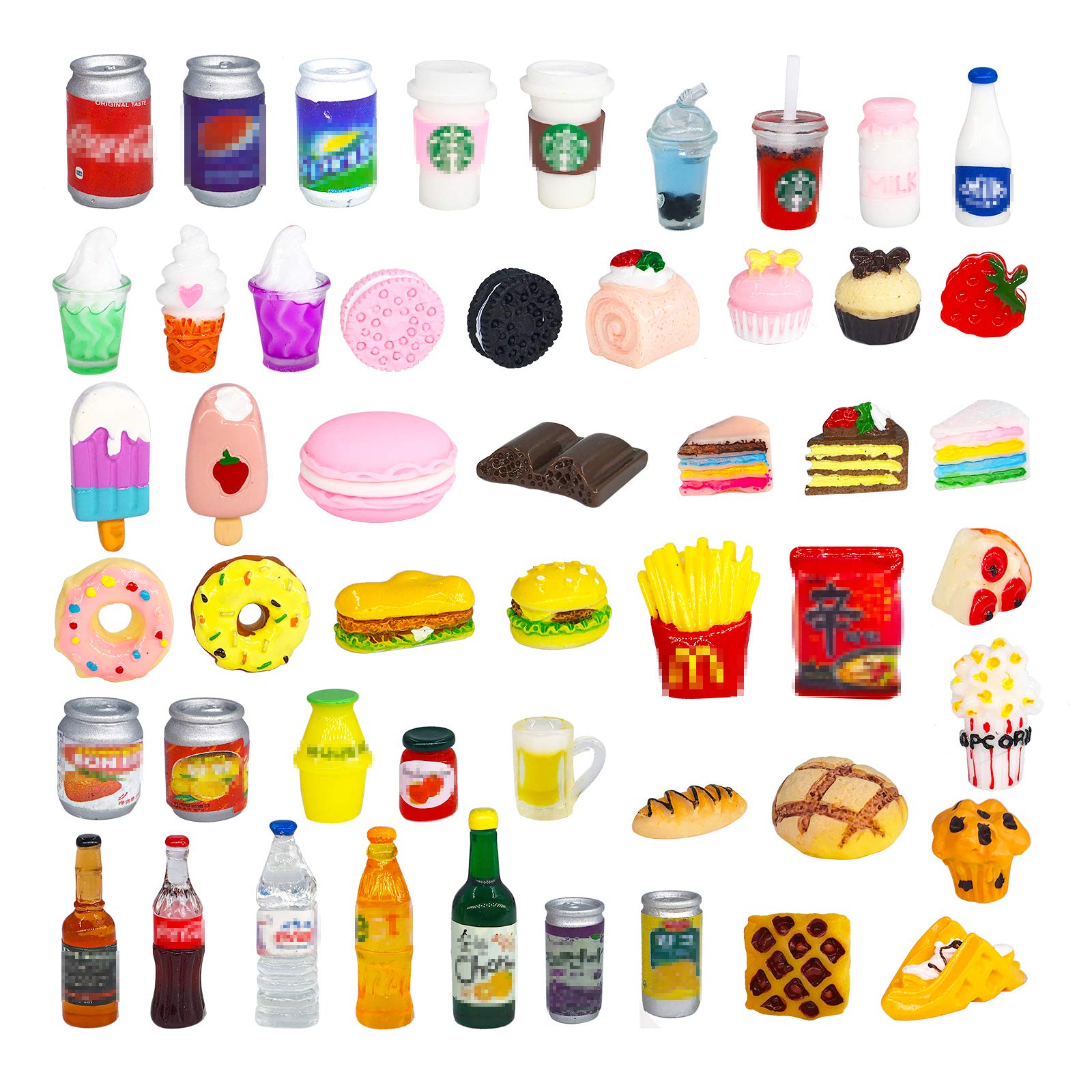 HSJH 50 Pcs Miniature Food Drink Bottles Soda Pop cans Pretend Play Kitchen game Party Accessories Toys Hamburg cake Ice cream for 11
