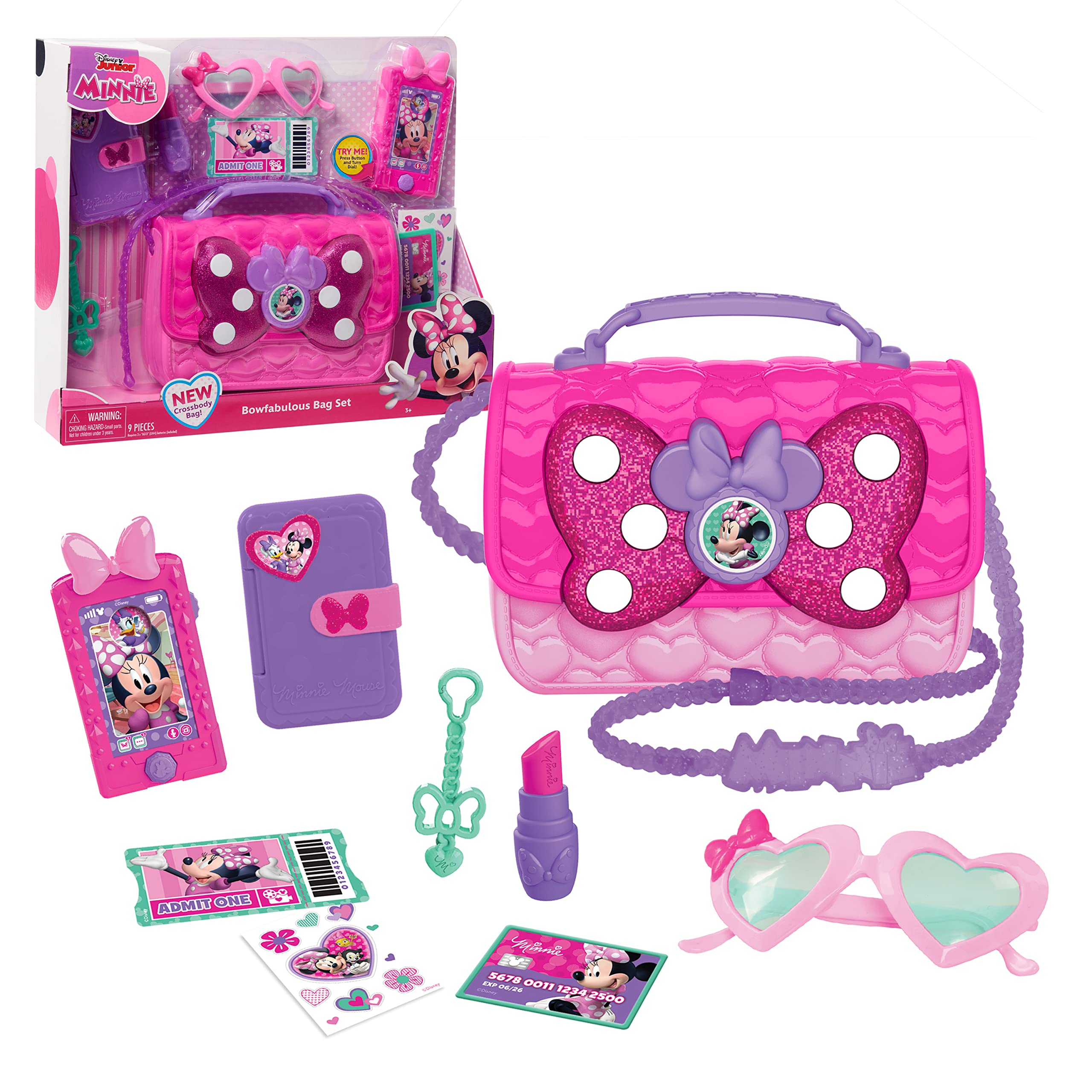Just Play Disney Junior Minnie Mouse Bowfabulous Bag Set, 9 Piece Pretend Play Purse with Lights and Sounds cell Phone, Sunglasses, and Ac