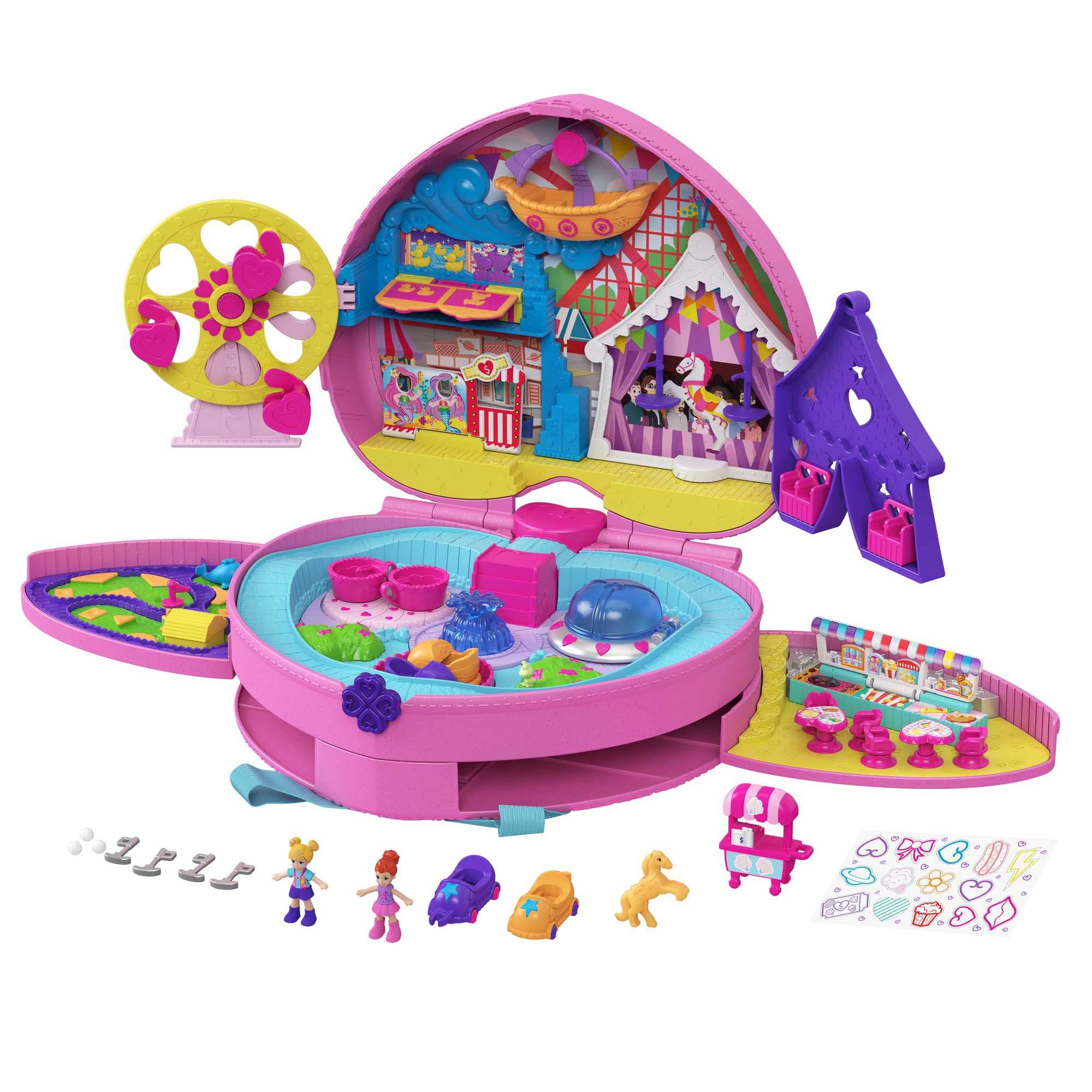 Polly Pocket Travel Toys, Backpack compact Playset with 2 Micro Dolls and Accessories, Theme Park with Activities