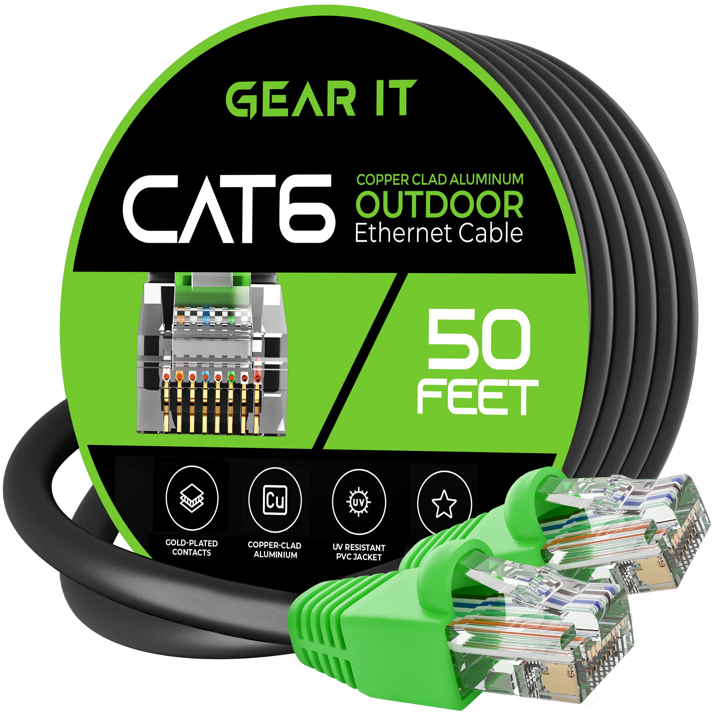 gearIT cat6 Outdoor Ethernet cable (50 Feet) ccA copper clad, Waterproof, Direct Burial, In-ground, UV Jacket, POE, Network, Int