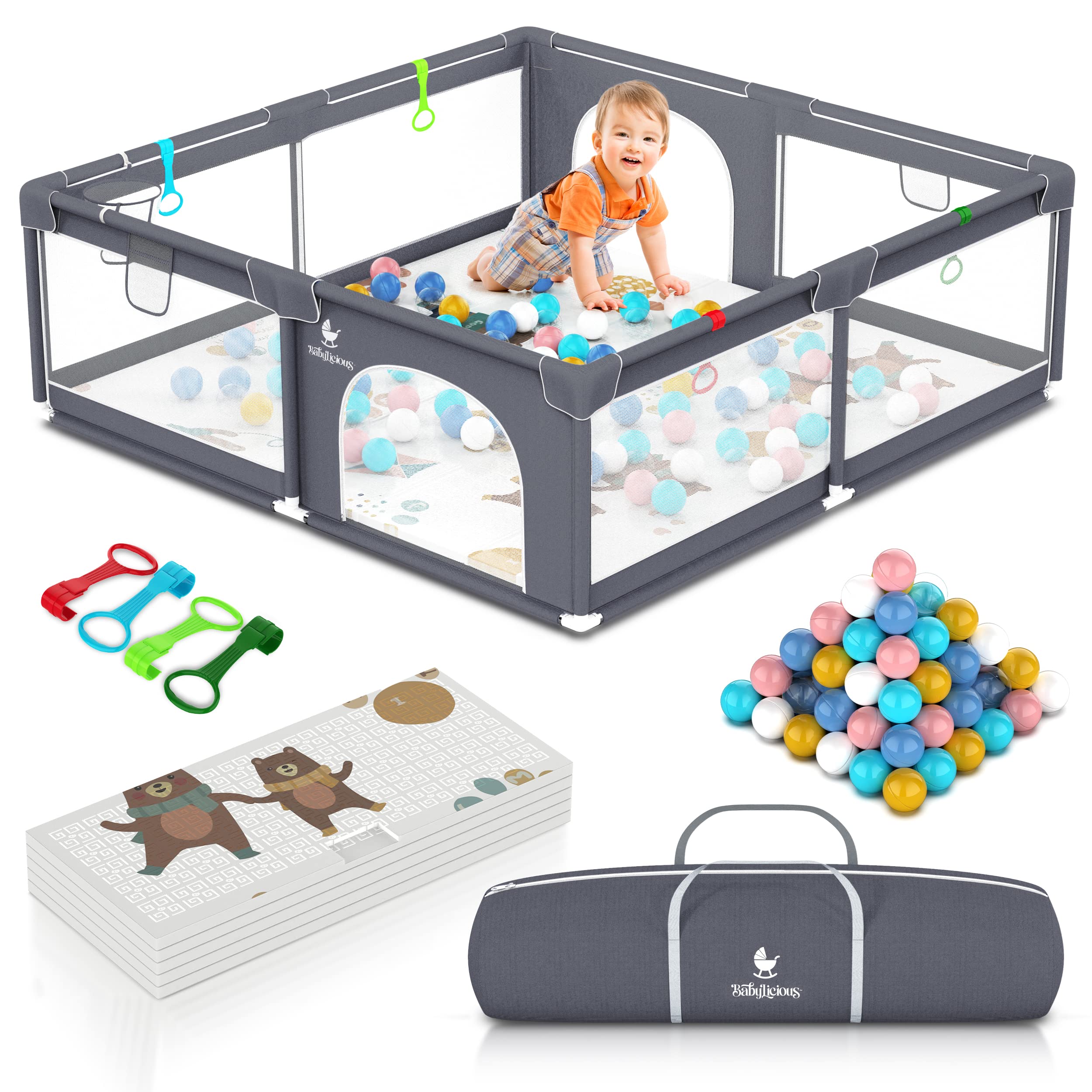 Babylicious Baby Playpen with Full Play Mat for Babies and Toddlers - cozy Play Yard with gate, Fence, game Balls & carry Bag - Indoor or Ou