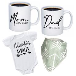 Tipit Drinkware Pregnancy gift Est 2023-New Parents gifts-Mommy and Daddy Est 2023 11 oz Mug Set -Adventure Awaits Romper (0-3M)-Top Mom