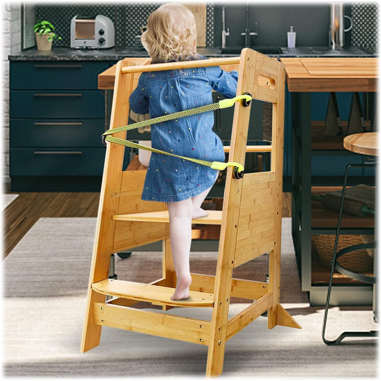 XiaZ Kitchen Stool for Toddlers, Bamboo Kids Learning Standing Step Tower with Adjustable Heights Platform and Safety Belt, chil