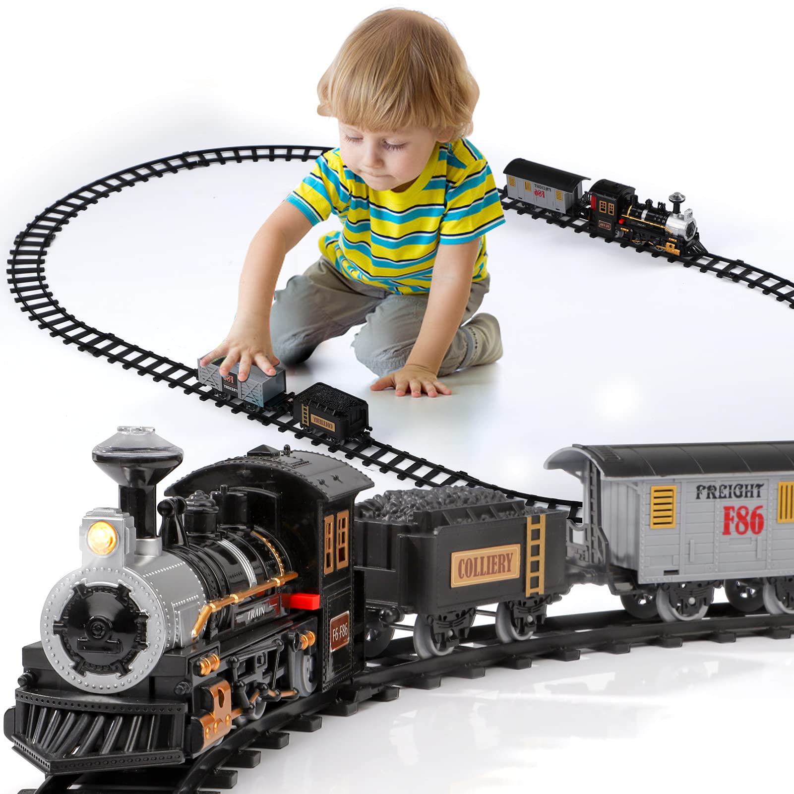 Lucky Doug Electric Train Set for Kids, Battery-Powered christmas Train Set with Sounds Include 4 cars and 10 Tracks, classic To