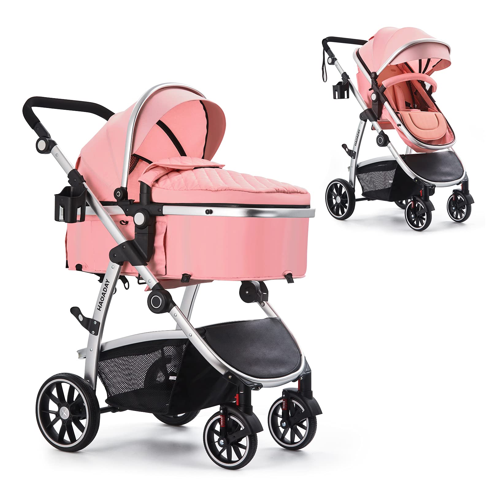 HAgADAY Baby Stroller, Infant Stroller with Reversible Seat, Newborn Stroller with canopy,Baby Bassinet Stroller(Pink)