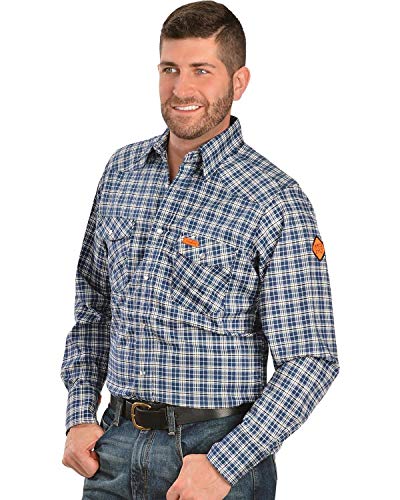 Wrangler Riggs Workwear Mens Flame Resistant Western Long Sleeve Two Pocket  Snap Shirt, navy plaid, L