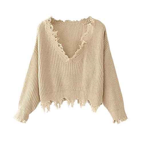 ZAFUL Womens Solid V Neck Loose Sweater Long Sleeve Ripped Jumper Pullover  Knitted Crop Top Khaki