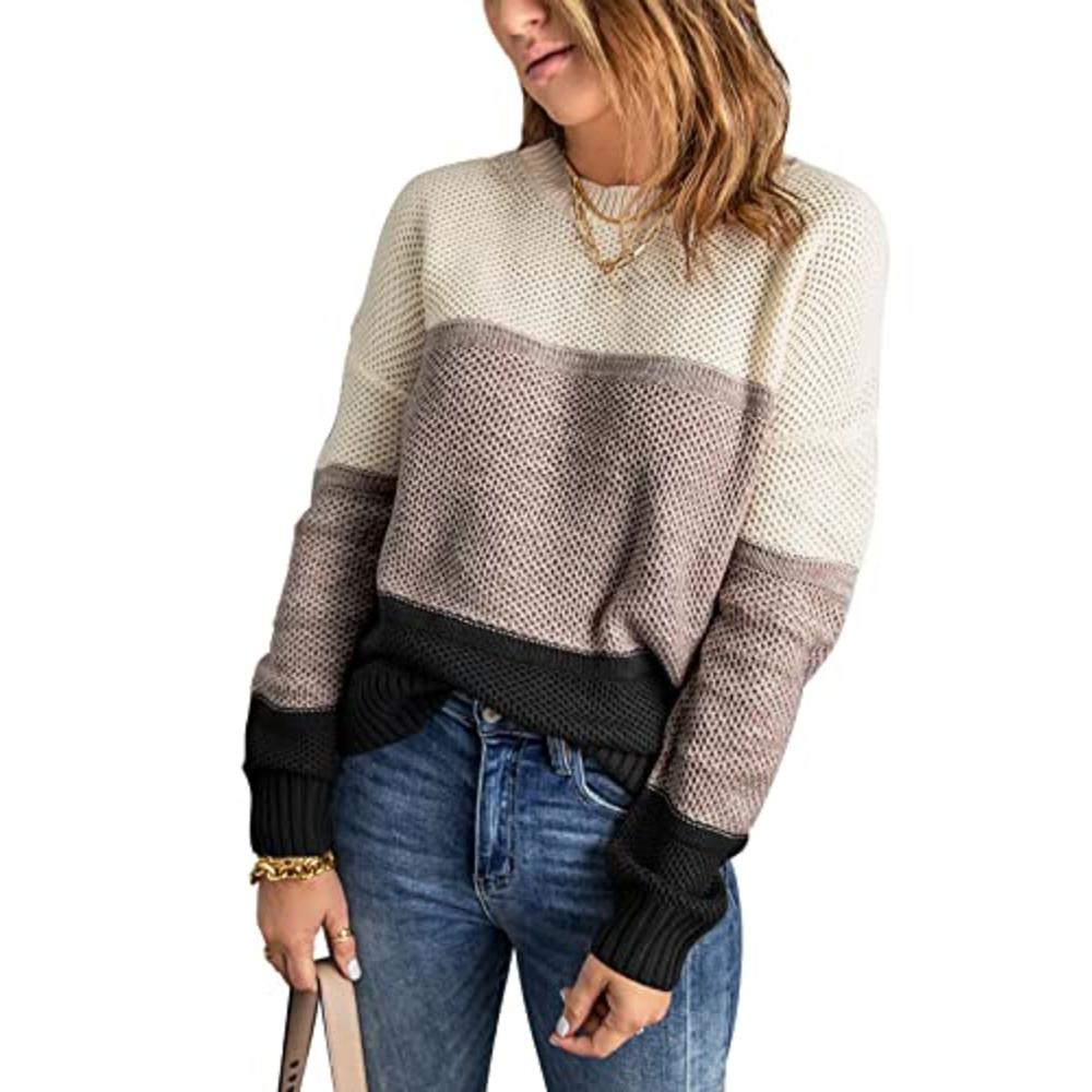 Lovezesent Womens Long Sleeve Striped Colorblock Ribbed Knitted Casual Crewneck Chunky Pullover Sweaters Jumper Tops Black Mediu