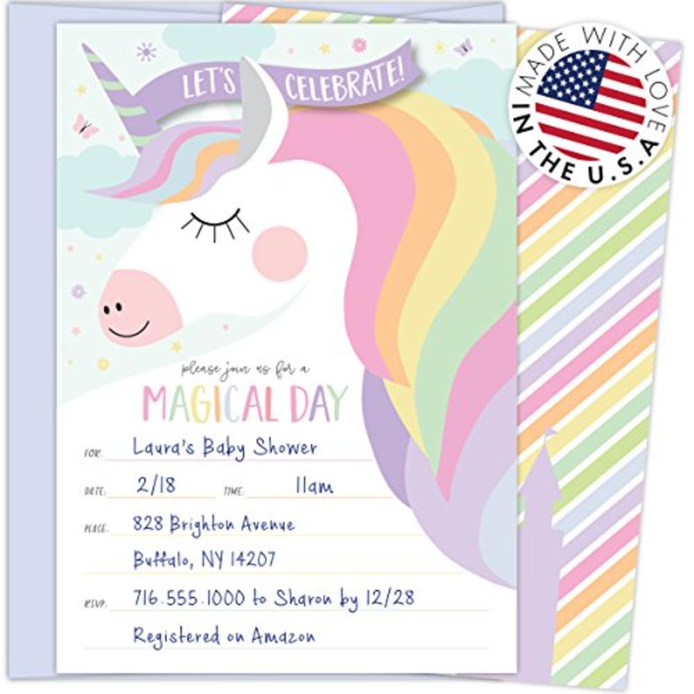 Koko Paper Co Magical Unicorn Invitations with Butterflies and Castle. 25 Lavender Envelopes and Fill in The Blank Style Invites for Birthdays