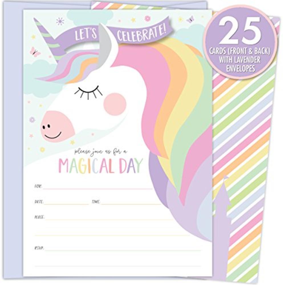 Koko Paper Co Magical Unicorn Invitations with Butterflies and Castle. 25 Lavender Envelopes and Fill in The Blank Style Invites for Birthdays